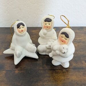 VTG Arctic Kids of Alaska Bisque Porcelain Ornaments 3 Christmas Figurines